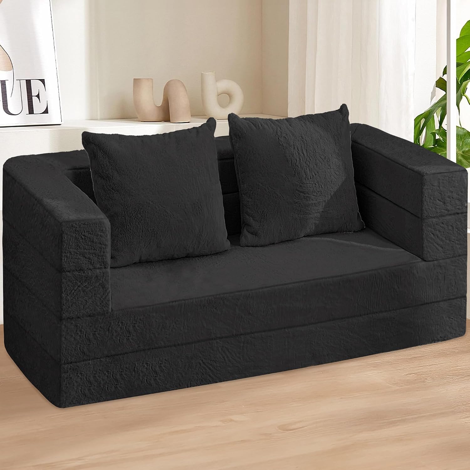 Futon Sofa Bed with Pillow, 3-in-1 Sleeper Sofa Bed with Removable Cover, Convertible Floor Sofa Bed, No Assembly Boneless Couch for Living Room, Bedroom