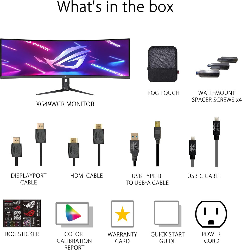 ASUS ROG Strix 49' Ultra-Wide Curved HDR Gaming Monitor (XG49WCR) - Dual QHD 32:9 (5120 x 1440), 165Hz, Extreme Low Motion Blur Sync, USB-C, RJ45, DisplayHDR400, 90% DCI-P3, Dual Input-KVM Switch