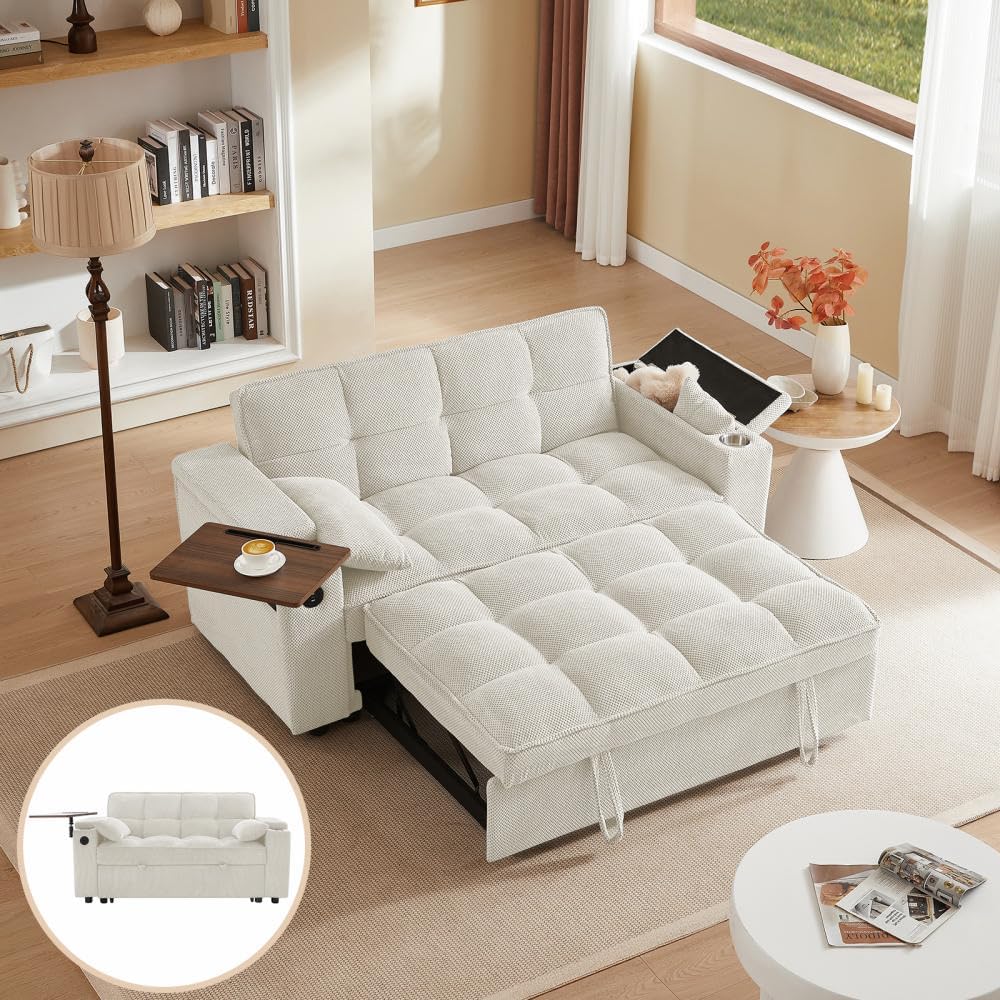 Auvsoce 65'' Convertible Sleeper Sofa Bed with Adjustable Backrest, Chaise Lounge, Side Table & USB/Type-C Ports – Stylish & Functional Addition to Any Living Room (Modern Beige Sofa Bed)