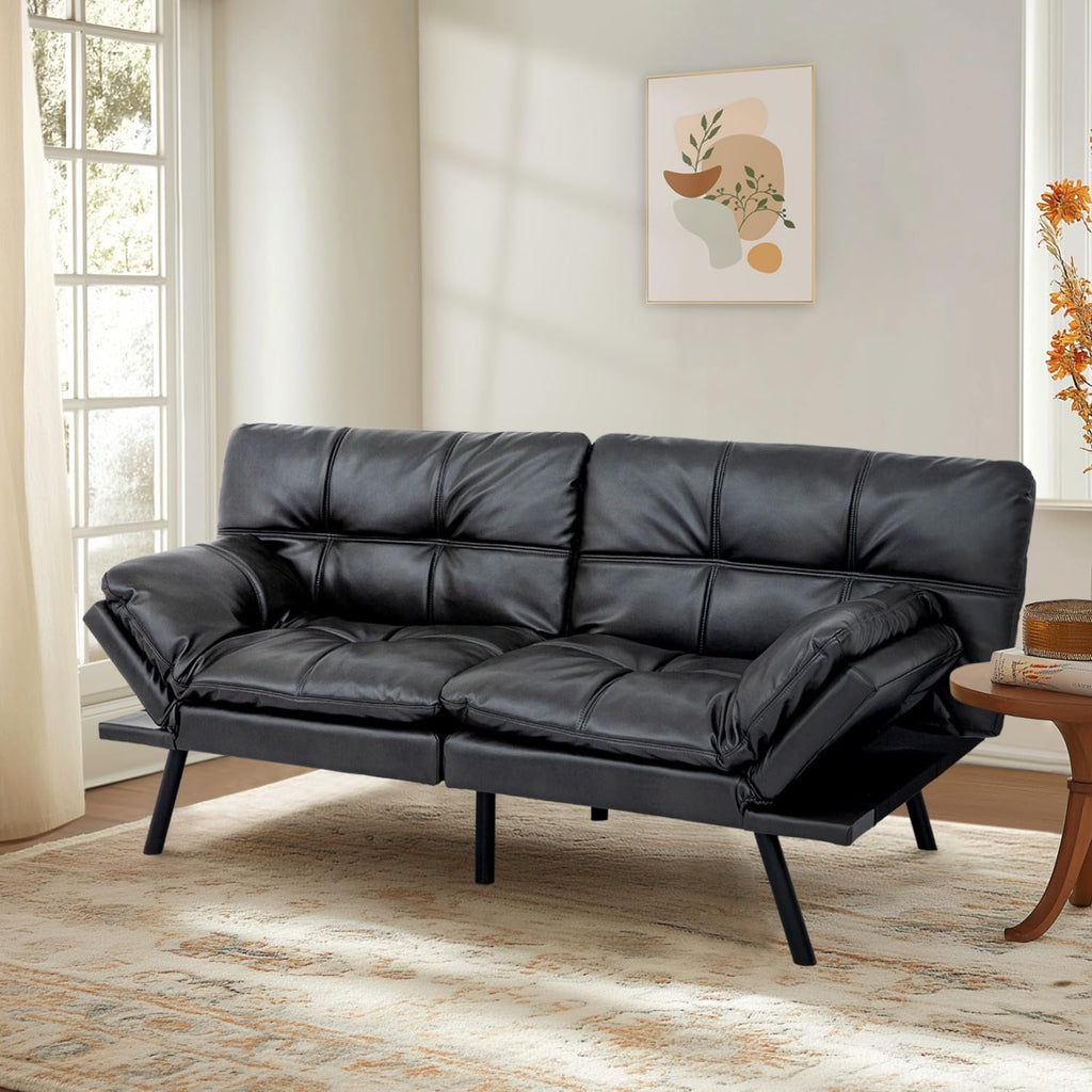MUUEGM 71-Inch Convertible Futon Sofa Bed with Adjustable Backrest & Removable Armrests, Foldable Sleeper Loveseat for Small Space Living Room, Studio Apartment, Home Office，Matte Black