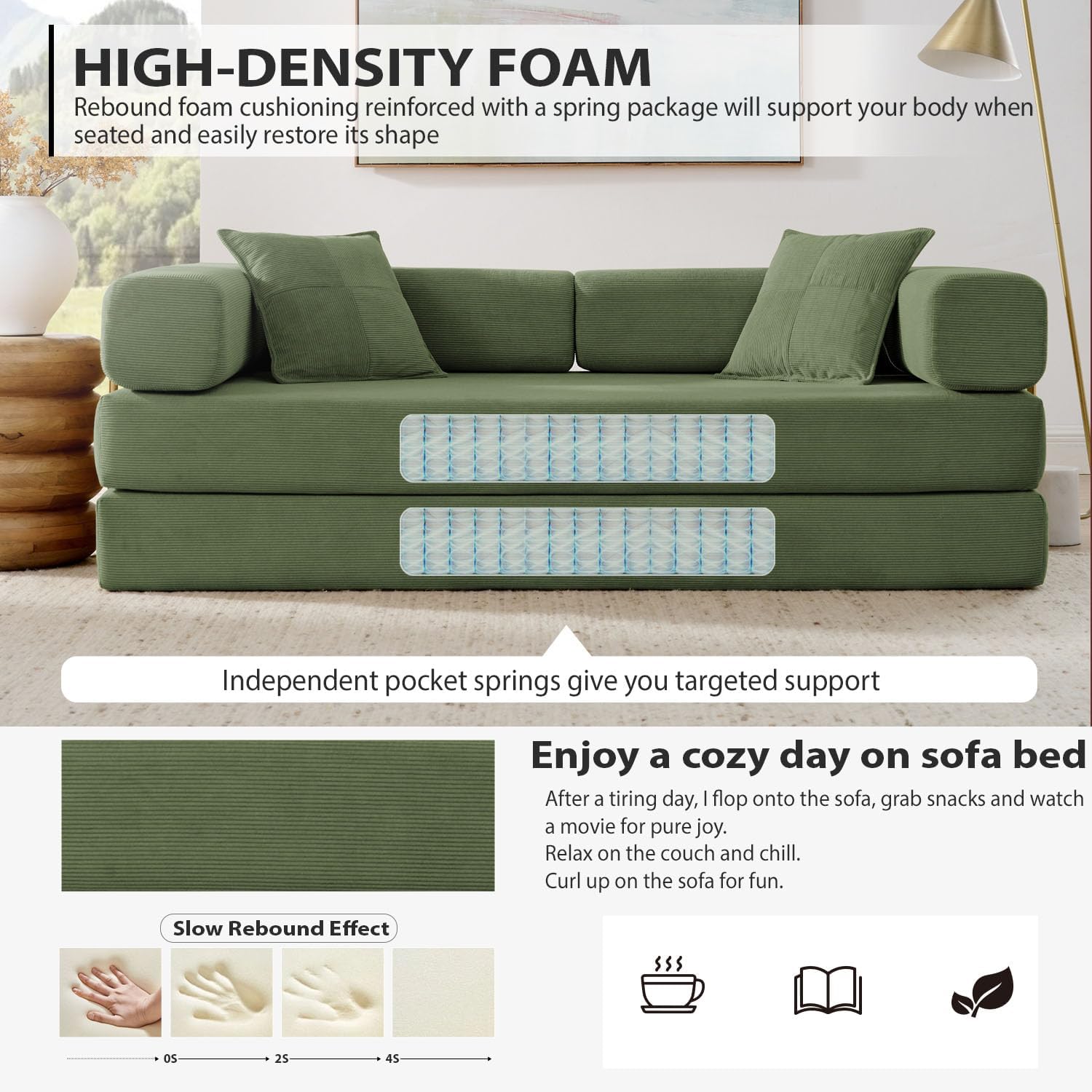 HANXIN 78 Inch Convertible Sleeper Sofa Bed, Folding Floor Mattress Couch with Fixed-Shape Frame, Futon Boneless Couch Lounge Loveseat with Pull Out Bed, No Assembly Required (Green)