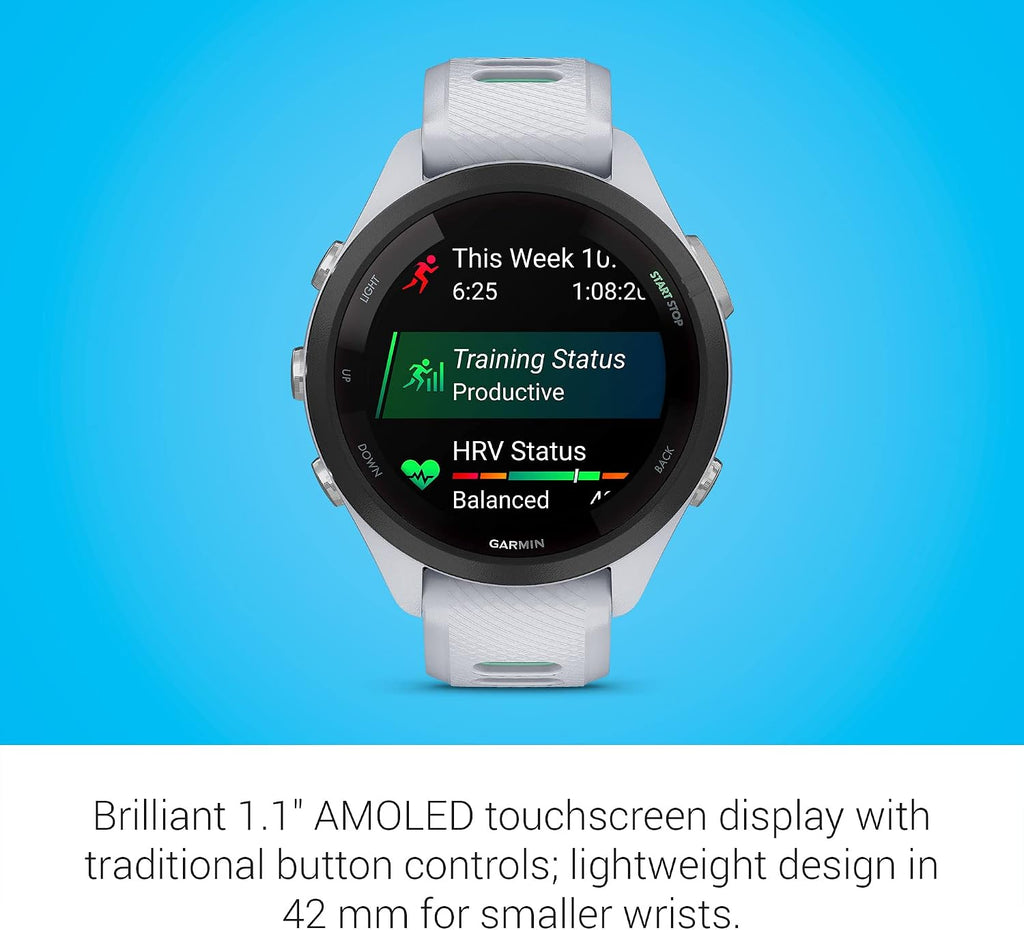 Garmin Forerunner 265S Advanced Multisport Touchscreen Smartwatch, Whitestone, Heart Rate Monitor, Daily Suggested Workouts, Up to 15 Day Battery Life - Signature Charging Bundle