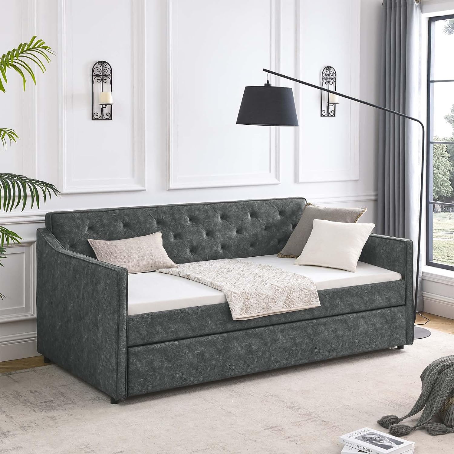Antetek Daybed with Trundle, Fabric Upholstered Twin Size Day Bed Pull-Point Sofa Daybed Frame w/Twin Roll-Out Trundle, No Box Spring Needed, Furniture for Bedroom, Living Room, Guest Room, Grey