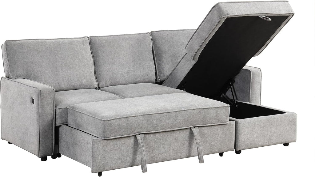 LUMISOL 89' Convertible Sleeper Sofa Bed, Modern L-Shaped Sectional Sofa Pull Out Couch with Chaise, Chenille Sofa Bed with Cup Holder, USB Ports for Living Room, Small Apartment, Gray