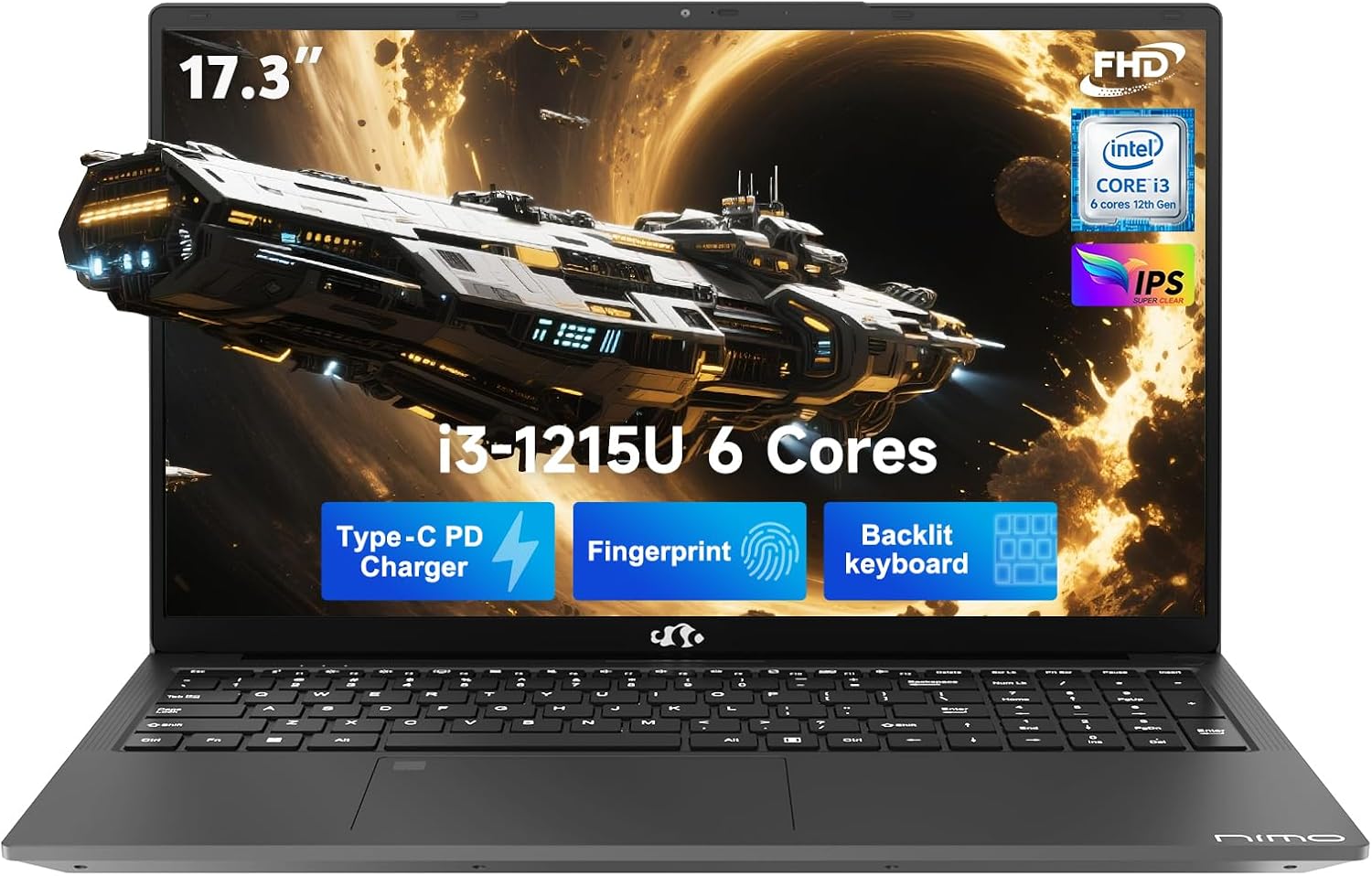 NIMO 17.3' IPS FHD-Student-Laptop, Intel 6 Core I3-1215U 16GB RAM 1TB SSD (Beat R5 7520U, Up to 4.4GHz) Computer with 65W Type C Backlit Keyboard Fingerprint Wi-Fi 6, for Home and Business