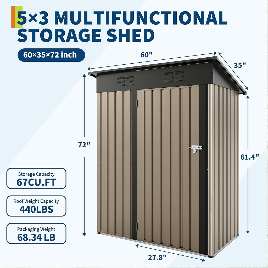 GarveeLife 5x3 FT Outdoor Storage Shed, Tool Shed with Sloping Roof and Lockable Door, Compact Metal Tool Garden Shed for Garden, Backyard, Patio (Brown)