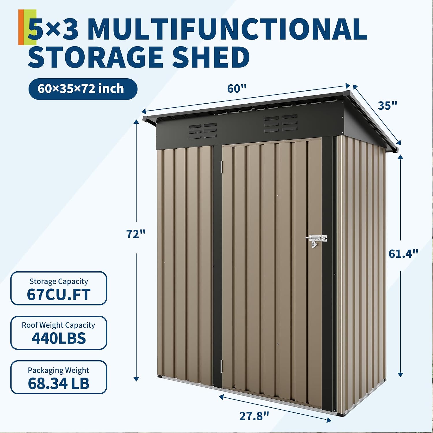 GarveeLife 5x3 FT Outdoor Storage Shed, Tool Shed with Sloping Roof and Lockable Door, Compact Metal Tool Garden Shed for Garden, Backyard, Patio (Brown)