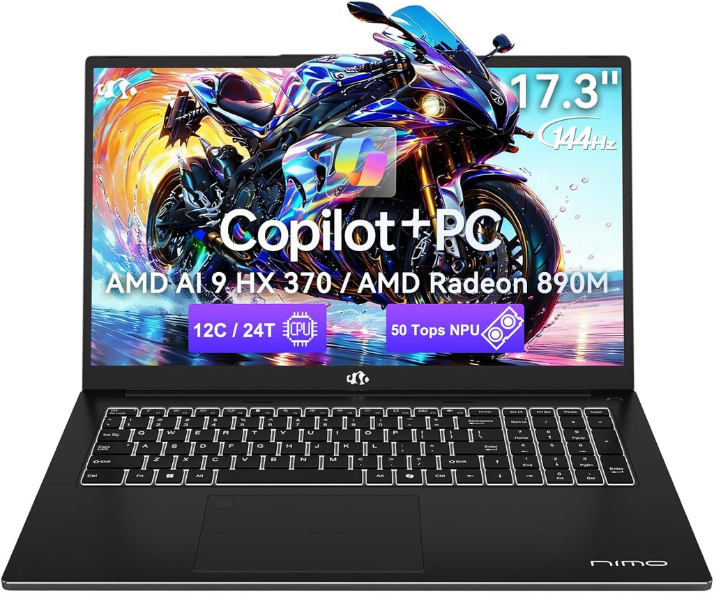 NIMO 17.3 AI-Laptop Copilot+ PC, AMD Ryzen AI 9 HX 370(12C/24T, 50 Tops NPU) Radeon 890M, 64GB DDR5 RAM 4TB SSD, 144Hz FHD, PD 100W USB-C 4.0, AI-PC for Mobile Workstation Programmer Business-Gaming
