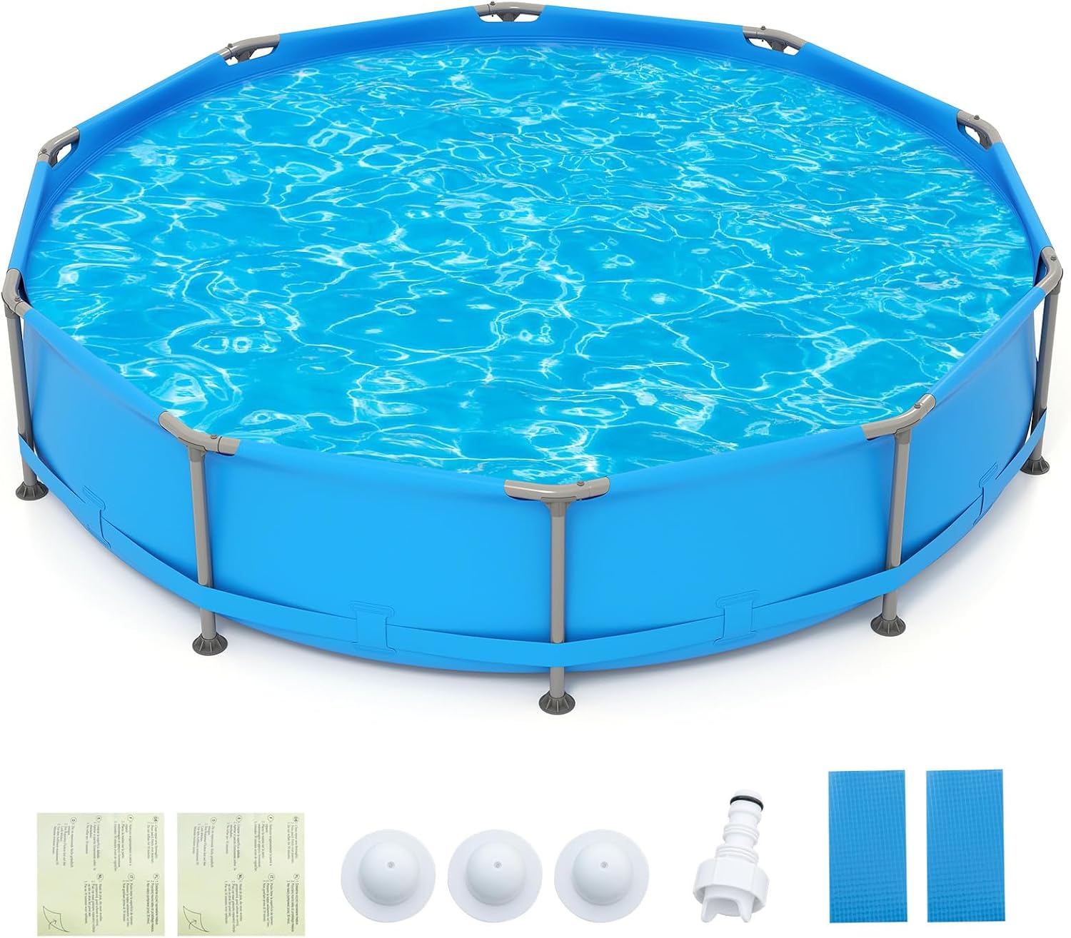 Goplus Above Ground Swimming Pool, 12' x 12' x 30'' Metal Frame Family Pool Set w/PVC Fabric, 3 Stoppers, Drainage Valve Connector, for Outdoor, Backyard, Garden, Patio (12' Round, 1617 Gal, Blue)