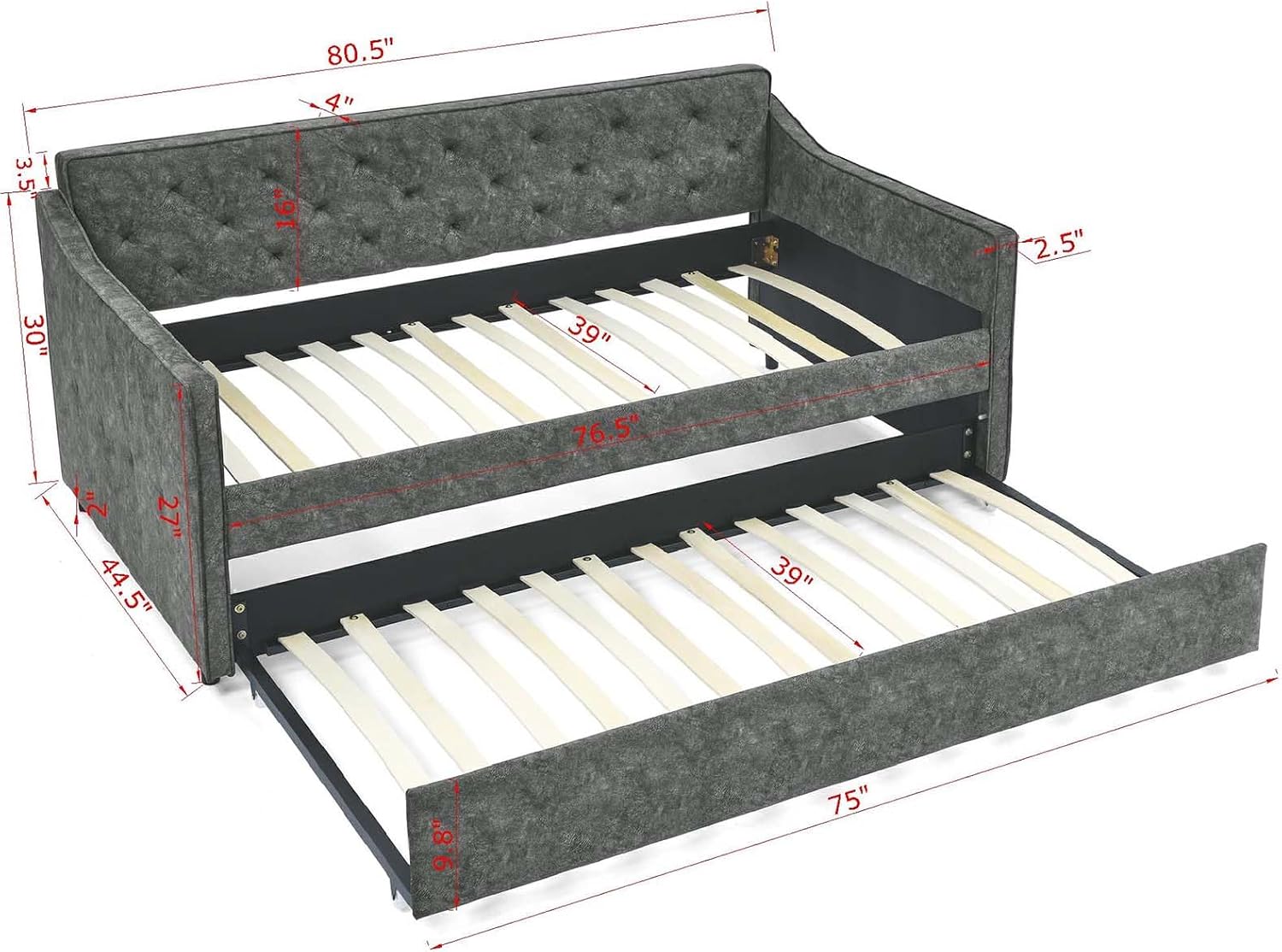 Antetek Daybed with Trundle, Fabric Upholstered Twin Size Day Bed Pull-Point Sofa Daybed Frame w/Twin Roll-Out Trundle, No Box Spring Needed, Furniture for Bedroom, Living Room, Guest Room, Grey