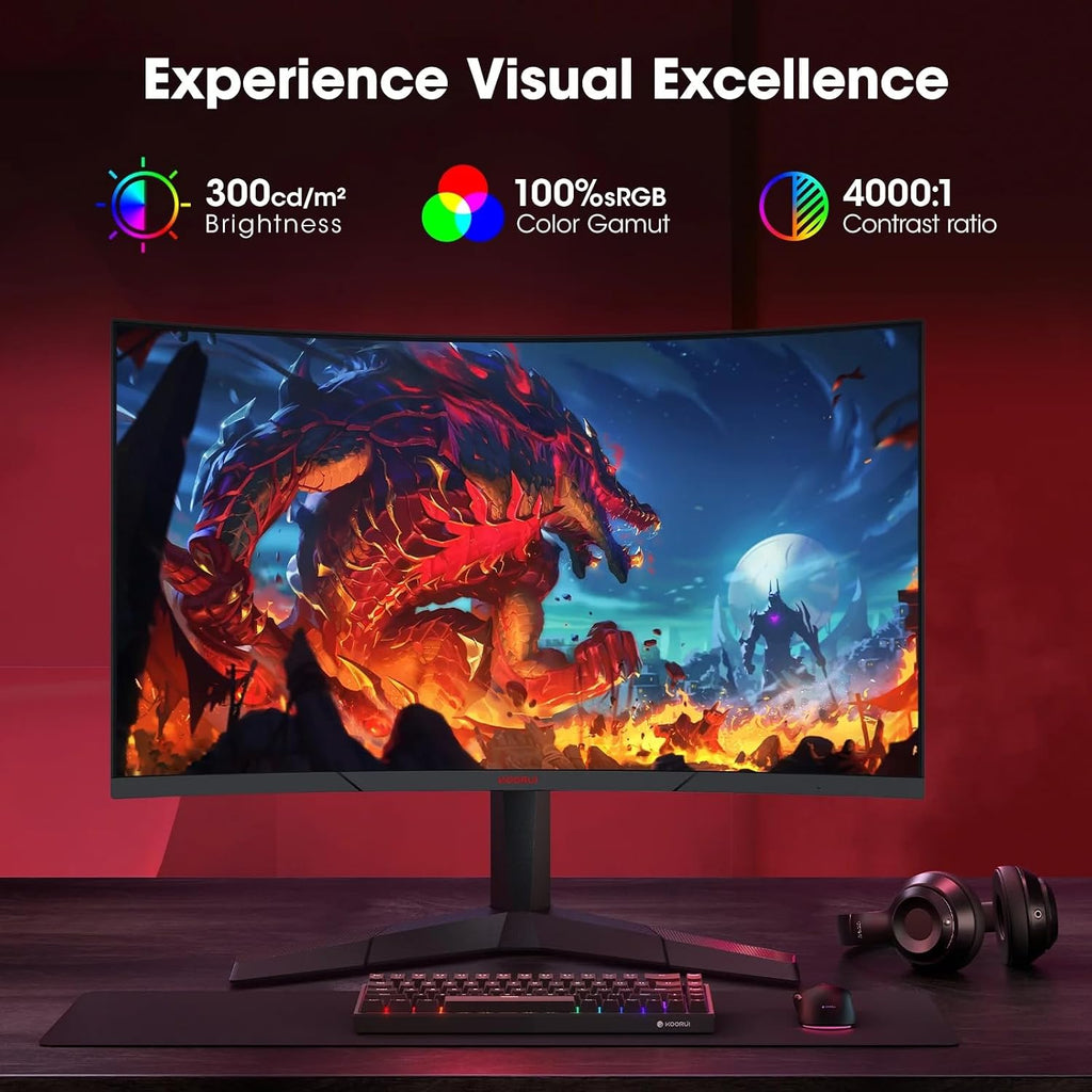 KOORUI 27 inch 2K Curved Gaming Monitor, 180Hz QHD Computer Monitor, 1ms Adaptive-Sync, HDMI/DisplayPort, 27E6QCA