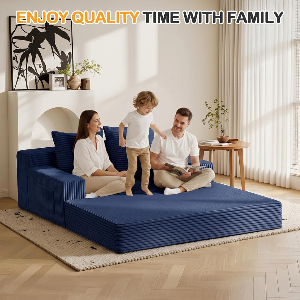 Erament Boneless Loveseat Convertible Sofa Bed, Folding Floor Futon Sleeper Sofa Couch Bed- Boneless Foldable Couch, Corduroy Pull Out Sofa Bed with 2 Pillows for Living Room & Bedroom
