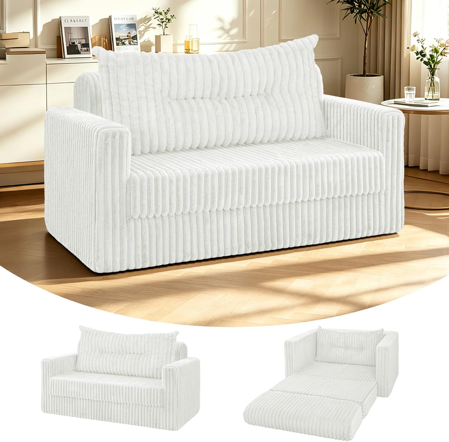 HABUTWAY Folding Sofa Bed, 2 in 1 Convertible Sleeper Chair with Pillow, Portable Fold Out Chair Bed with Armrest, Comfy Floor Couch, Lazy Sofa for Living Room Bedroom Dorm Home Office, Beige