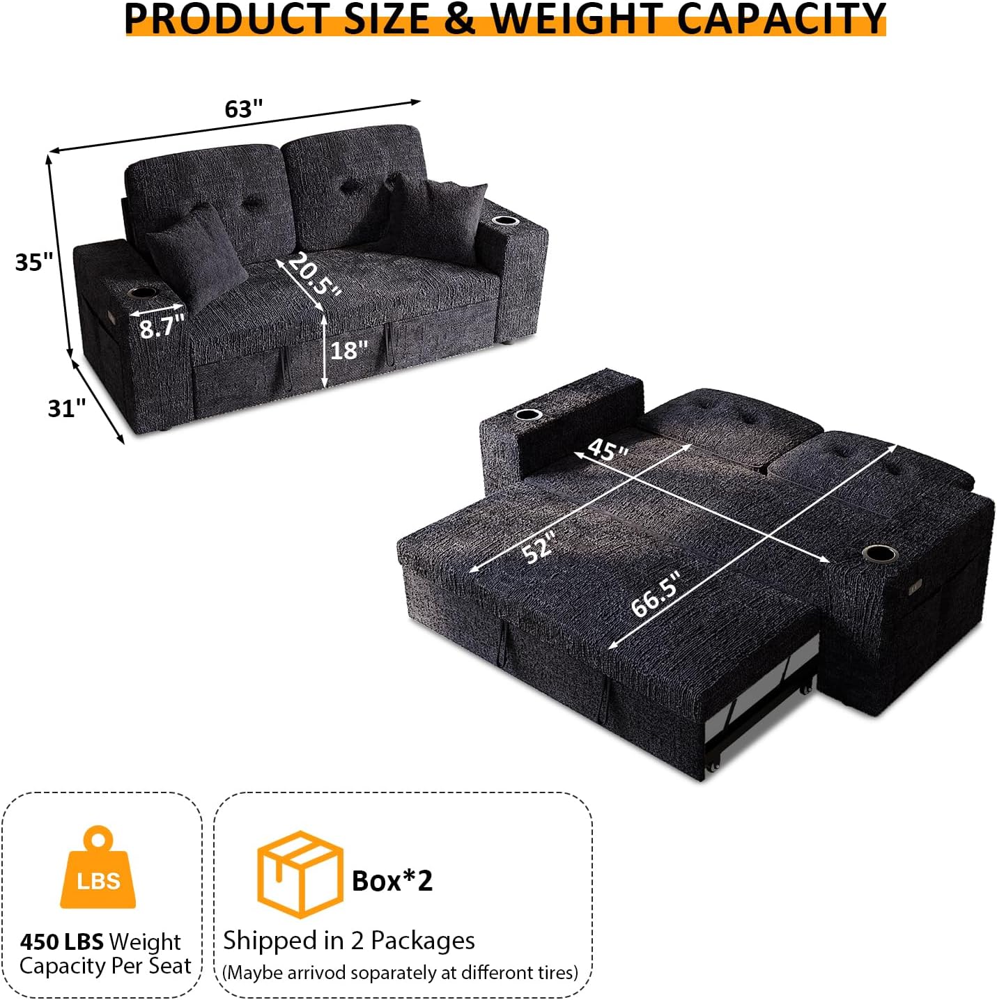 63 Inch Sleeper Sofa Bed, 4 in 1 Pull Out Couch Bed with Adjustable Backrest, Small Loveseat with Wide Armrest | USB Charging | Side Pockets | Cup Holders | Tool Free Assembly, Luxury Black