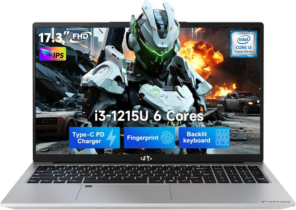 NIMO FHD 17 Inch Laptop, 6 Core i3-1215U Processor (Up to 4.4GHz, Beat R5 7520U) 32GB RAM 1TB SSD Student Computer for Business & Study Home with 65W Type-C Backlit KB Fingerprint Wi-Fi 6 HDMI