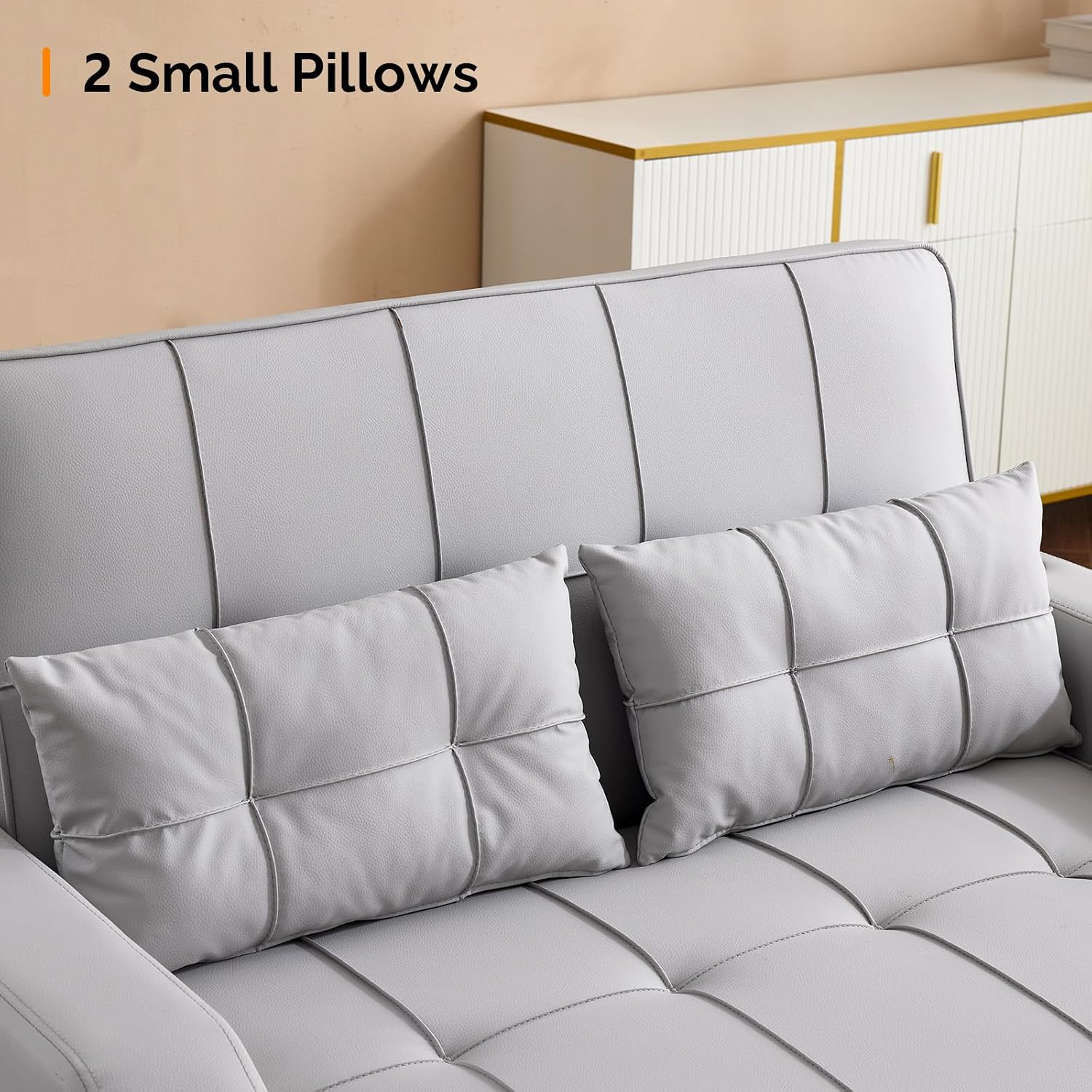 VINGLI Convertible Loveseat Sleeper Sofa, Light Grey Faux Leather Futon Sofa Bed Pullout Couch Bed with USB Ports, Cup Holders, Armrest for Living Room, Bedroom, Home Office Apartment