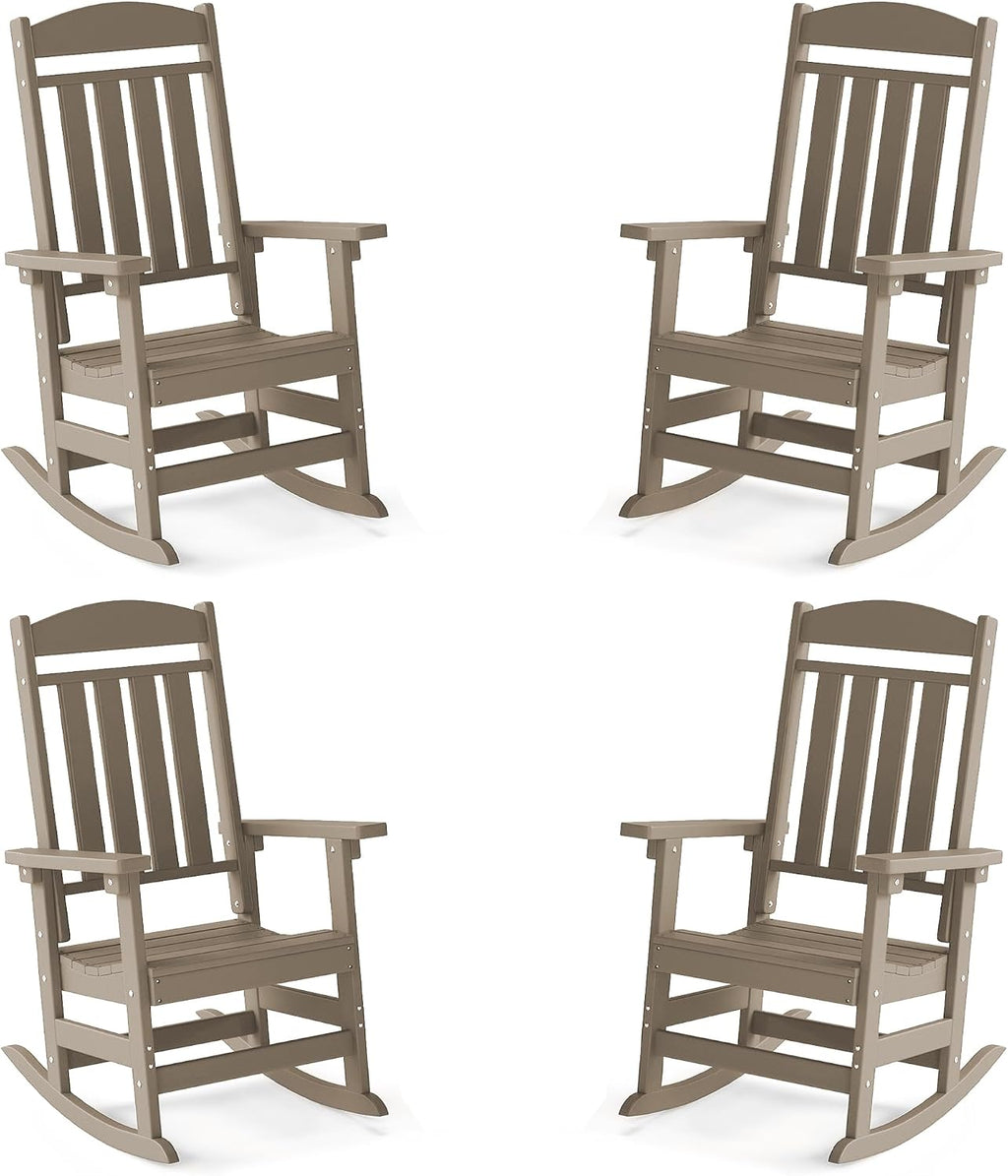 FOOWIN Outdoor Rocking Chair Set of 4, High Back Patio Rocking Chair, HDPE All Weather Resistant Porch Rocker for Adult, Oversized Rocking Chairs for Garden, Lawn, Indoor & Outdoor Use, Brown