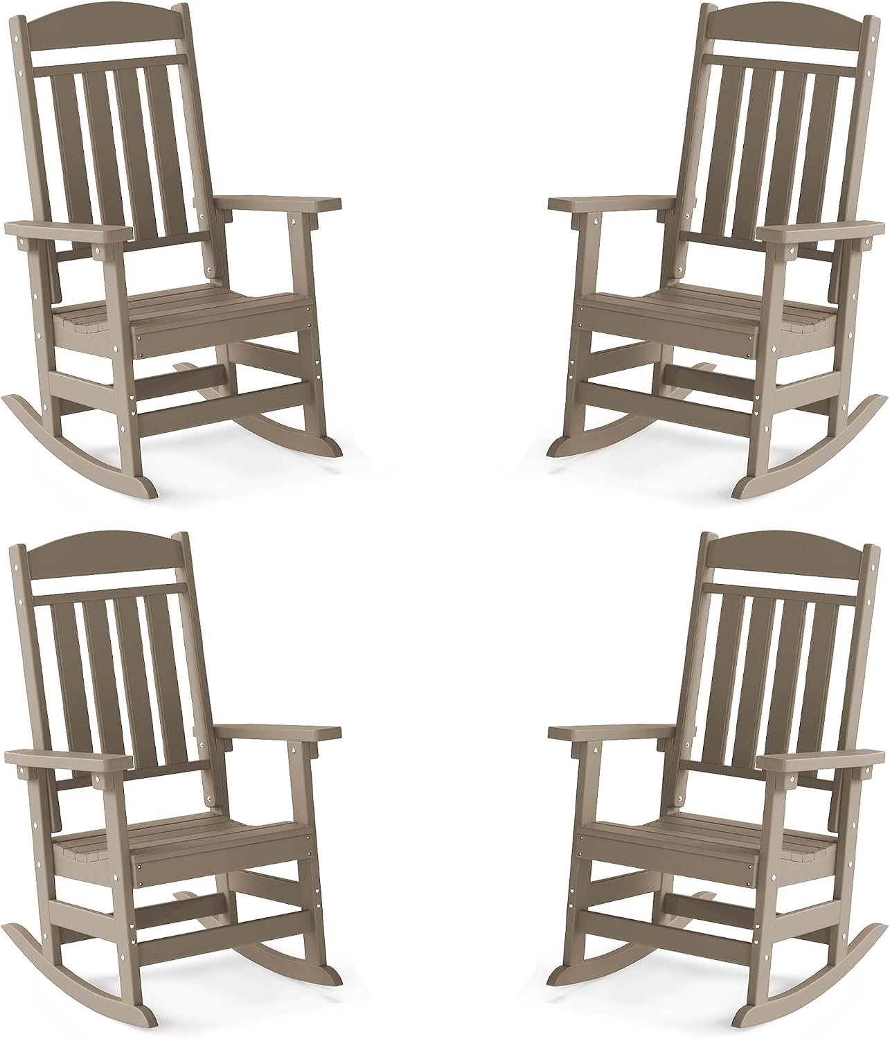 FOOWIN Outdoor Rocking Chair Set of 4, High Back Patio Rocking Chair, HDPE All Weather Resistant Porch Rocker for Adult, Oversized Rocking Chairs for Garden, Lawn, Indoor & Outdoor Use, Brown