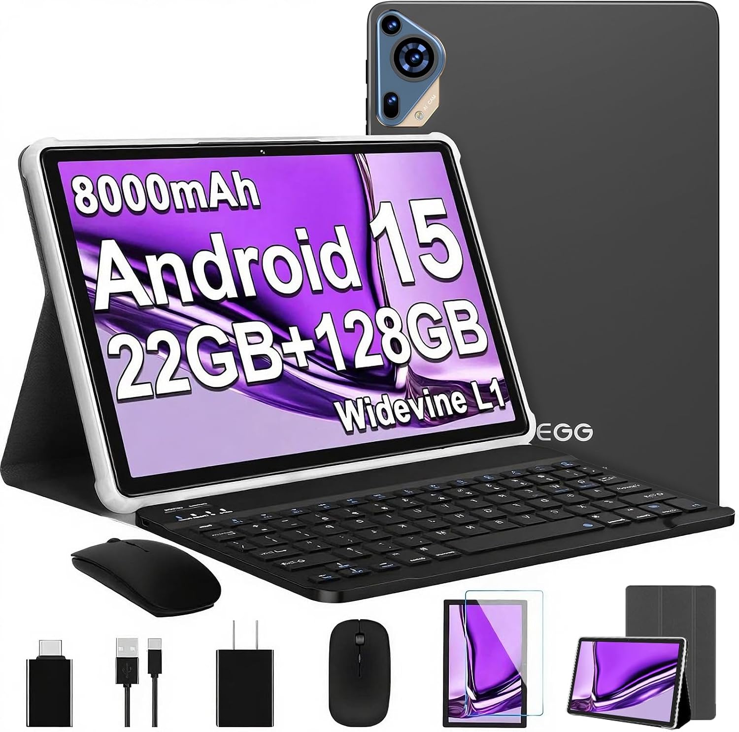 2026 Upgraded Android 15 Tablet 10.1 Inch Octa-Core Tablets with Keyboard Mouse, 22GB+128GB+1TB Expand, 8000mAh Large Battery,1280x800 IPS HD Touch Screen, Widevine L1, 5G WiFi, GPS-Metal Grey