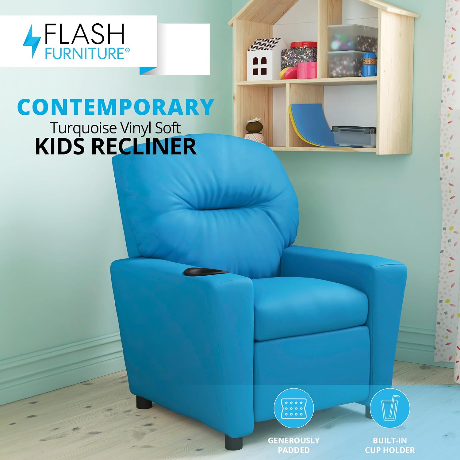 Flash Furniture Chandler Vinyl Kids Recliner with Cup Holder and Safety Recline, Contemporary Reclining Chair for Kids, Supports up to 90 lbs., Turquoise