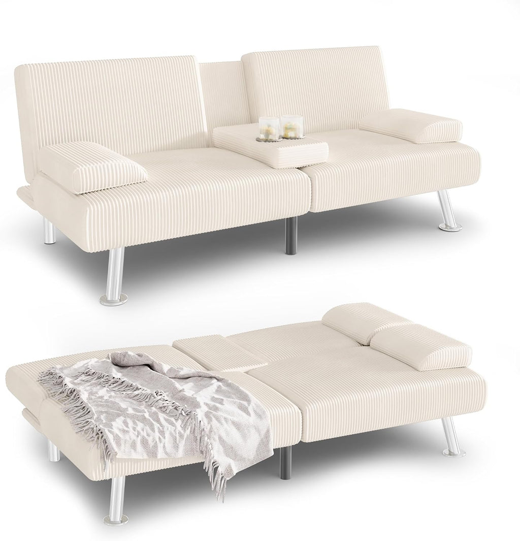 YESHOMY Futon Sofa Bed, Futon Couch with Adjustable Backrest, Convertible Sleeper Sofa with Removable Armrests, Loveseat in Corduroy with 2 Cup Holders for Living Room, Apartment (Beige)