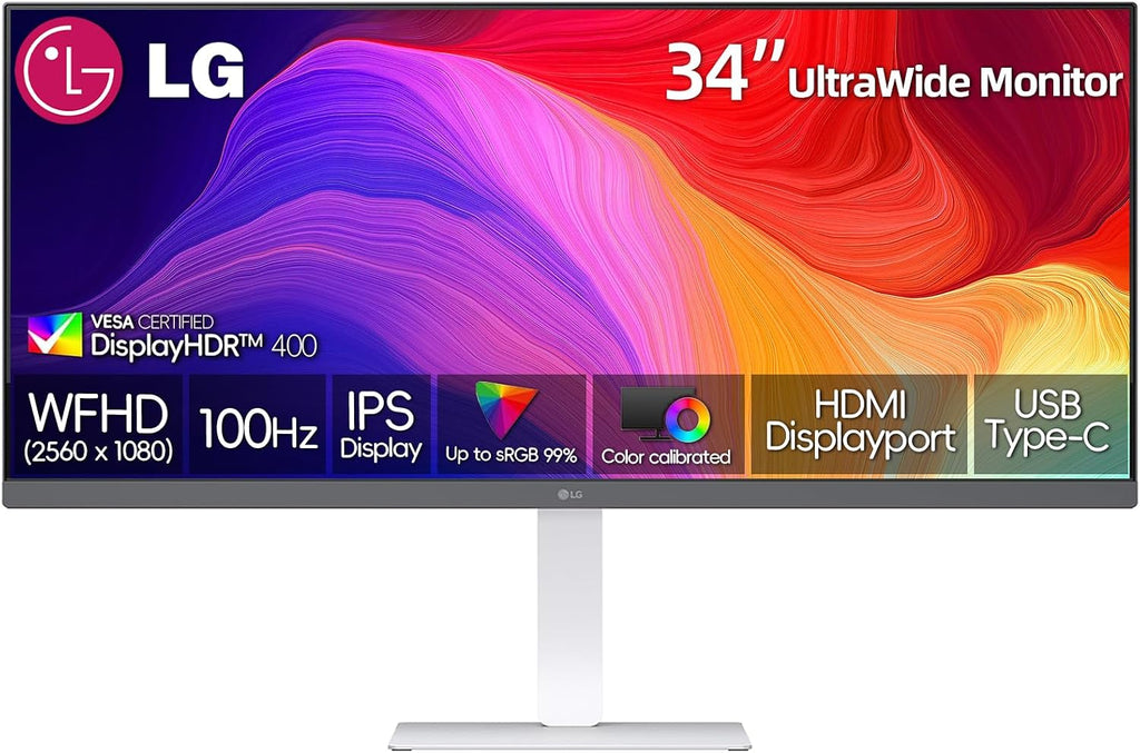 LG 34 Inch UltraWide Monitor, 21:9 WFHD (2560 x 1080) IPS Display, 100Hz, VESA DisplayHDR 400, FreeSync, Flicker Safe, USB Type-C, HDMI, DisplayPort, Speakers, VESA Mount, Home Office Computer,Black