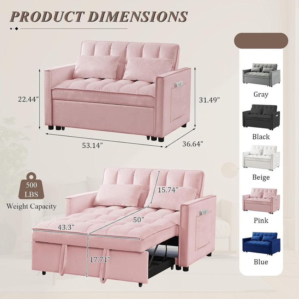 3 in 1 Convertible Sleeper Sofa Bed, Futon Couches for Living Room with Side Pocket/Adjustable Backrest, Velvet Upholstered Pull Out Couch, Small Loveseat Sofa Bed for Bedroom Office Small Spaces