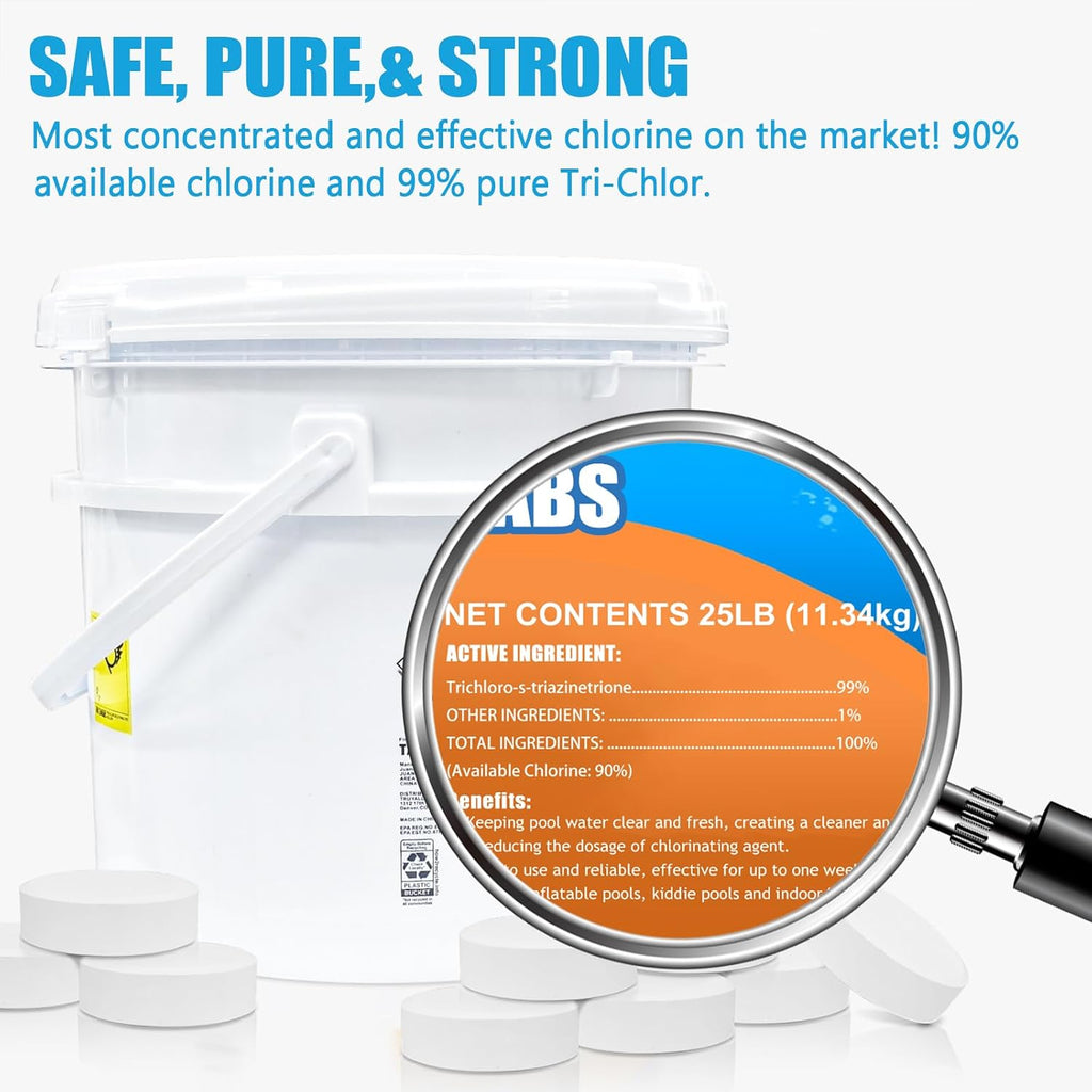 TABIT 50 lbs Chlorine Tablets 3 Inch for Swimming Pools – Slow Dissolving & Long Lasting – 99% Available Chlorine Tri-Chlor – Kills Bacteria & Stops Algae – 2 x 25 lb Buckets