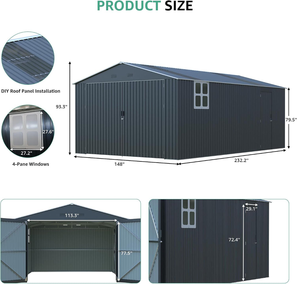 Large Storage Shed 13x20ft, Outdoor Metal Garage Shed with 2 Doors and 2 Windows, Heavy Duty, Black
