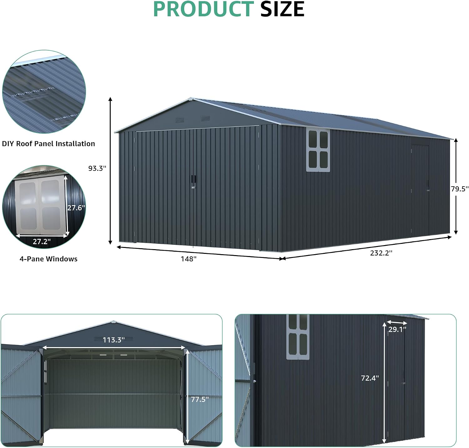 Large Storage Shed 13x20ft, Outdoor Metal Garage Shed with 2 Doors and 2 Windows, Heavy Duty, Black