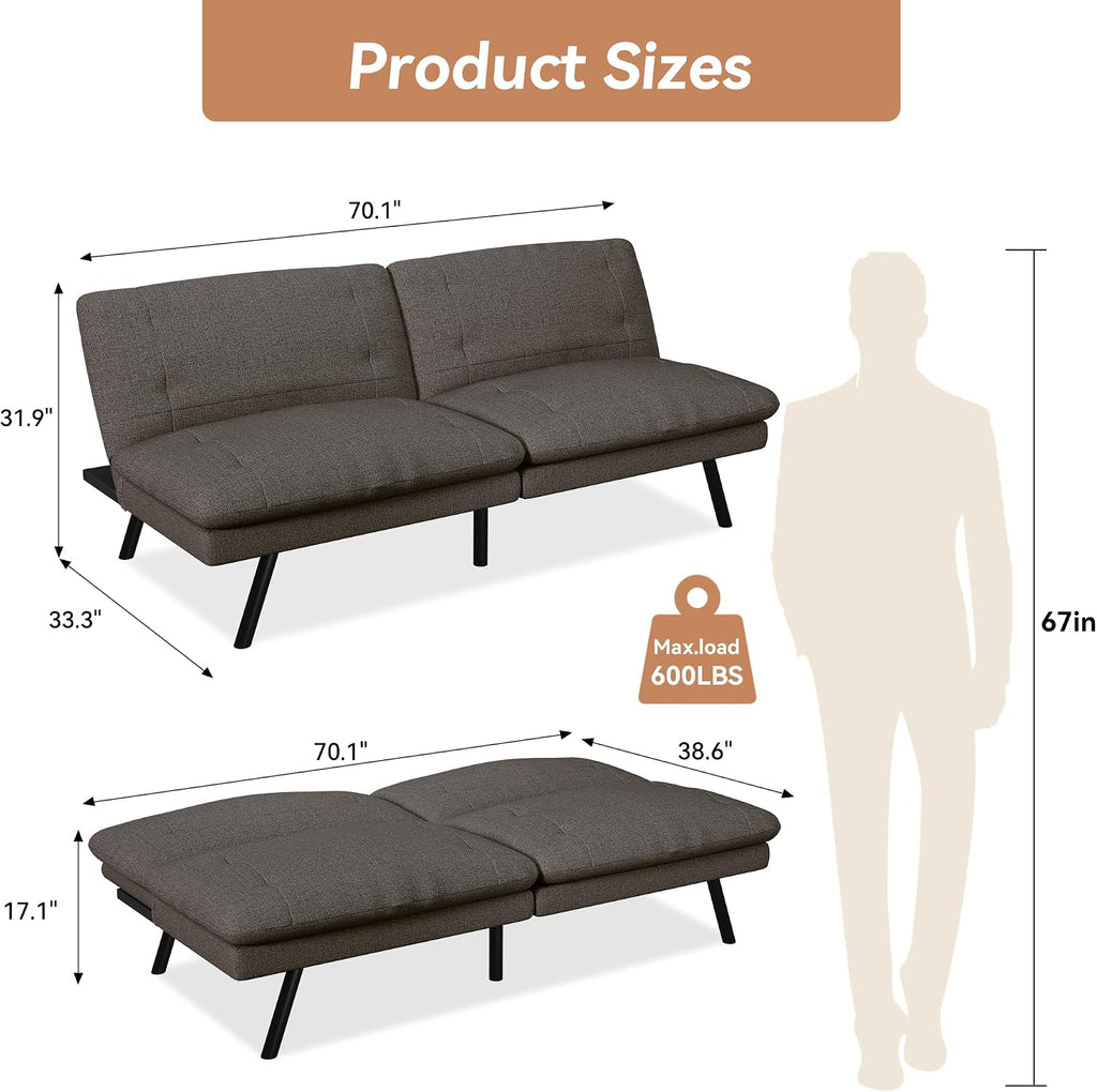 Futon Sofa Bed Convertible Couch, Grey Linen Sofa Bed with Adjustable Backrest, Multifunctional Small Loveseat Sleeper Sofa for Living Room, Apartment, Office