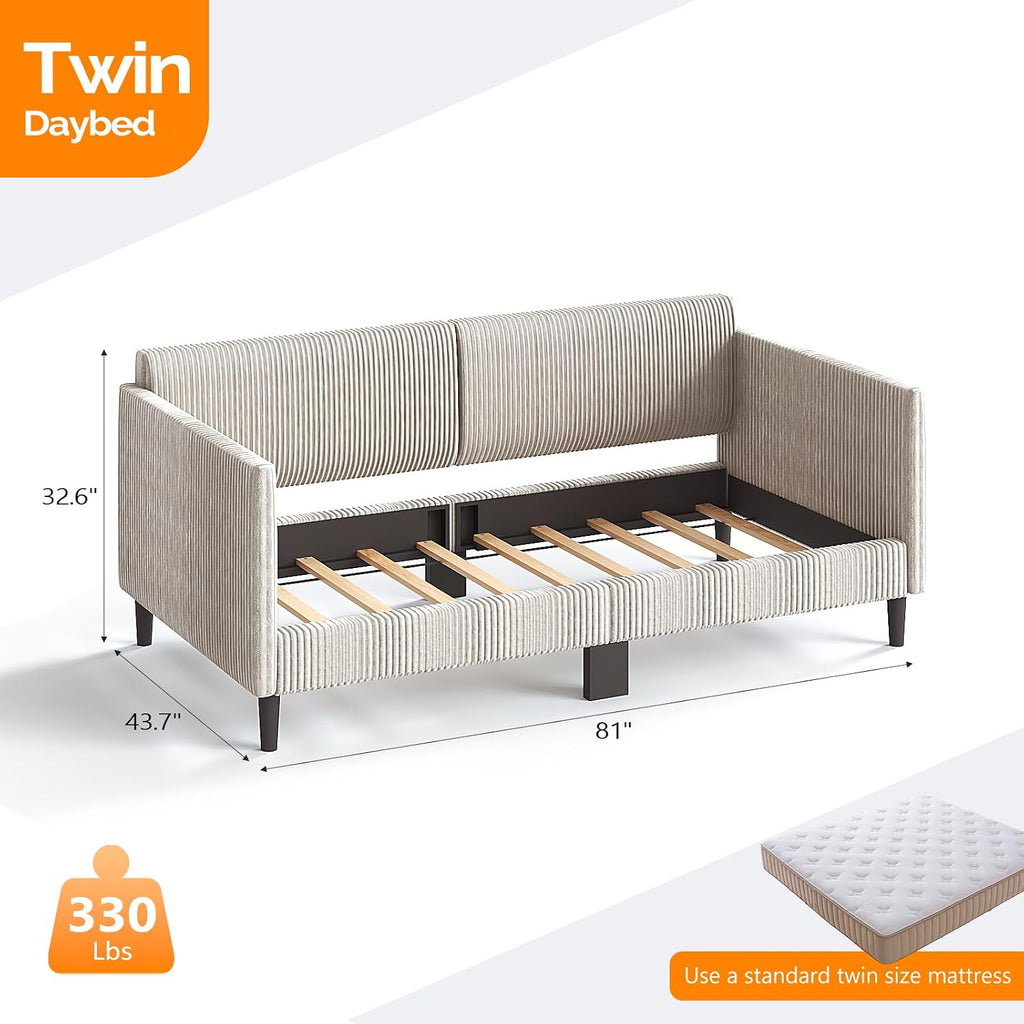 VINGLI Daybed Twin Size Corduroy Upholstered Comfy Sleeper Couch Sofa Bed for Living Room, Movie Room, Bedroom, Beige White
