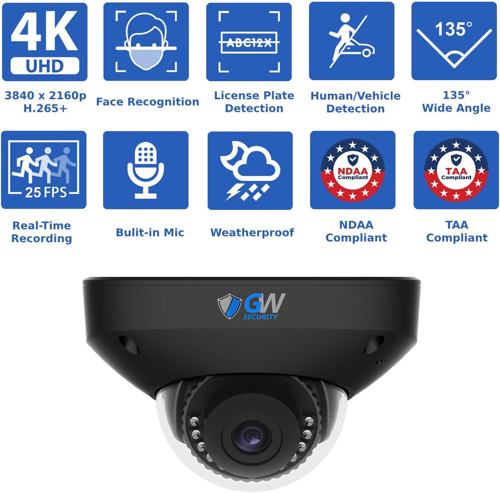 GW Security 16 Channel NVR UltraHD 4K Face Recognition NDAA & TAA Compliant Security Camera System with 12 x 8MP @25FPS Outdoor & Indoor PoE Dome Cameras, 10 Smart AI Functions (Black)