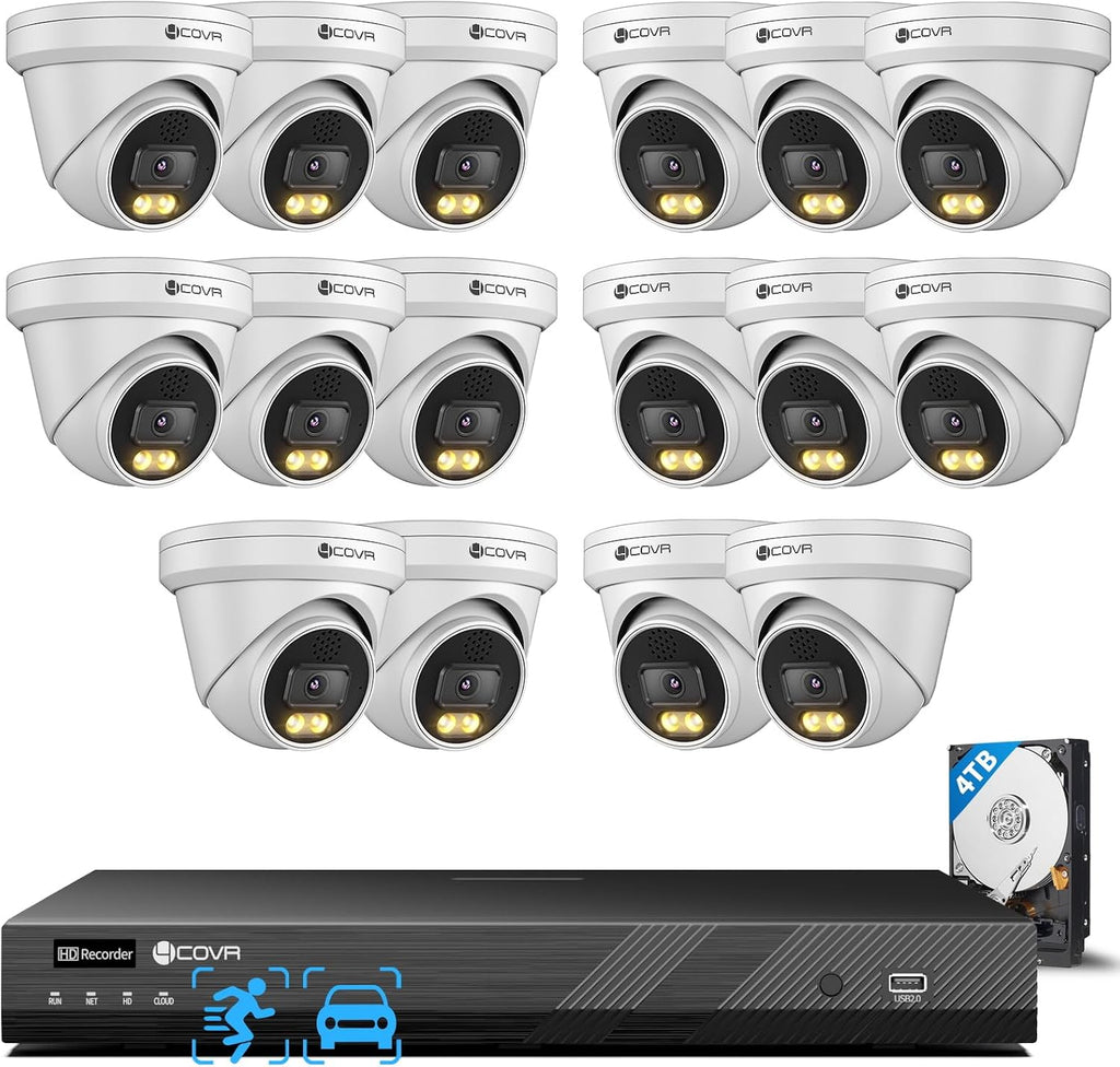 4COVR 16 Channel NVR 4TB HDD Camera Security System 2-Way Talk & Dual Lights Smart Full Color Night Vision, AI Human Vehicle Detection, 16x 5MP IP67 PoE IP Dome Camera for Business, LY97KA5M1616