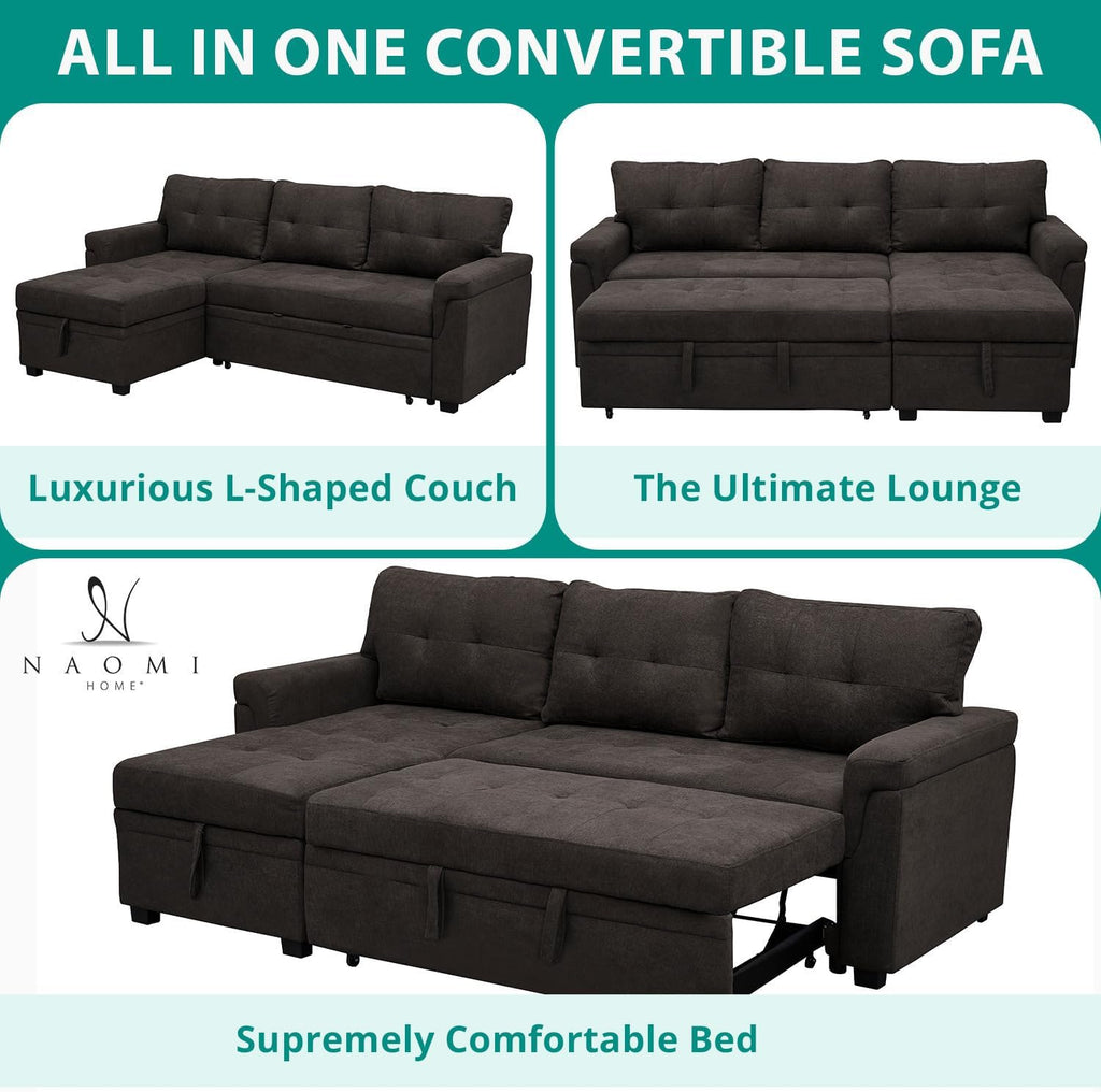 Naomi Home L Shaped Sectional Couch with Storage & Pull Out Bed – 3-in-1 Convertible Sleeper Sofa Bed, Small L Shape Sofa for Living Room, Sofa Bed with Storage Chaise in Espresso, Velvet