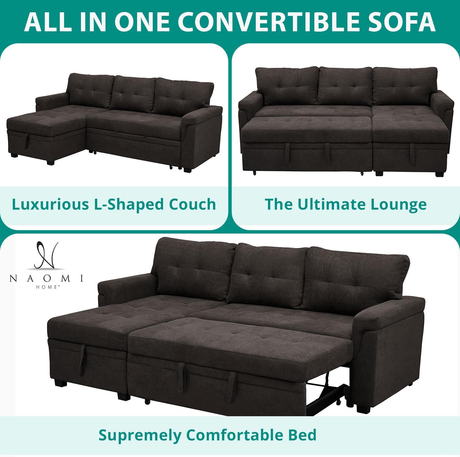 Naomi Home L Shaped Sectional Couch with Storage & Pull Out Bed – 3-in-1 Convertible Sleeper Sofa Bed, Small L Shape Sofa for Living Room, Sofa Bed with Storage Chaise in Espresso, Velvet