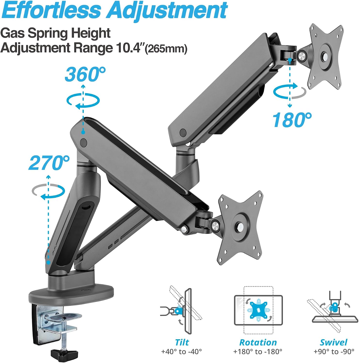 AVLT Dual 27'-43' RGB Gaming Monitor Arm Desk Mount Built-in 20 Lighting Modes Touch Button Control Fits Flat/Curved/Ultrawide Screen Height Swivel Tilt Rotation Adjustable Monitor Stand -Dark Gray
