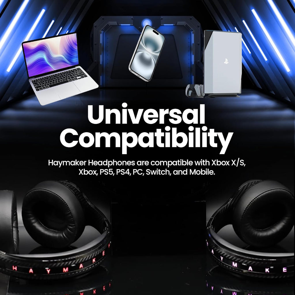 HAYMAKER Noise Cancelling Bluetooth Gaming Headphones - Dirac 3D Surround with 30+ Hr Battery, Touch Controls and RGB - Gaming Headsets for PS5, Xbox, PC, Switch & Mobile