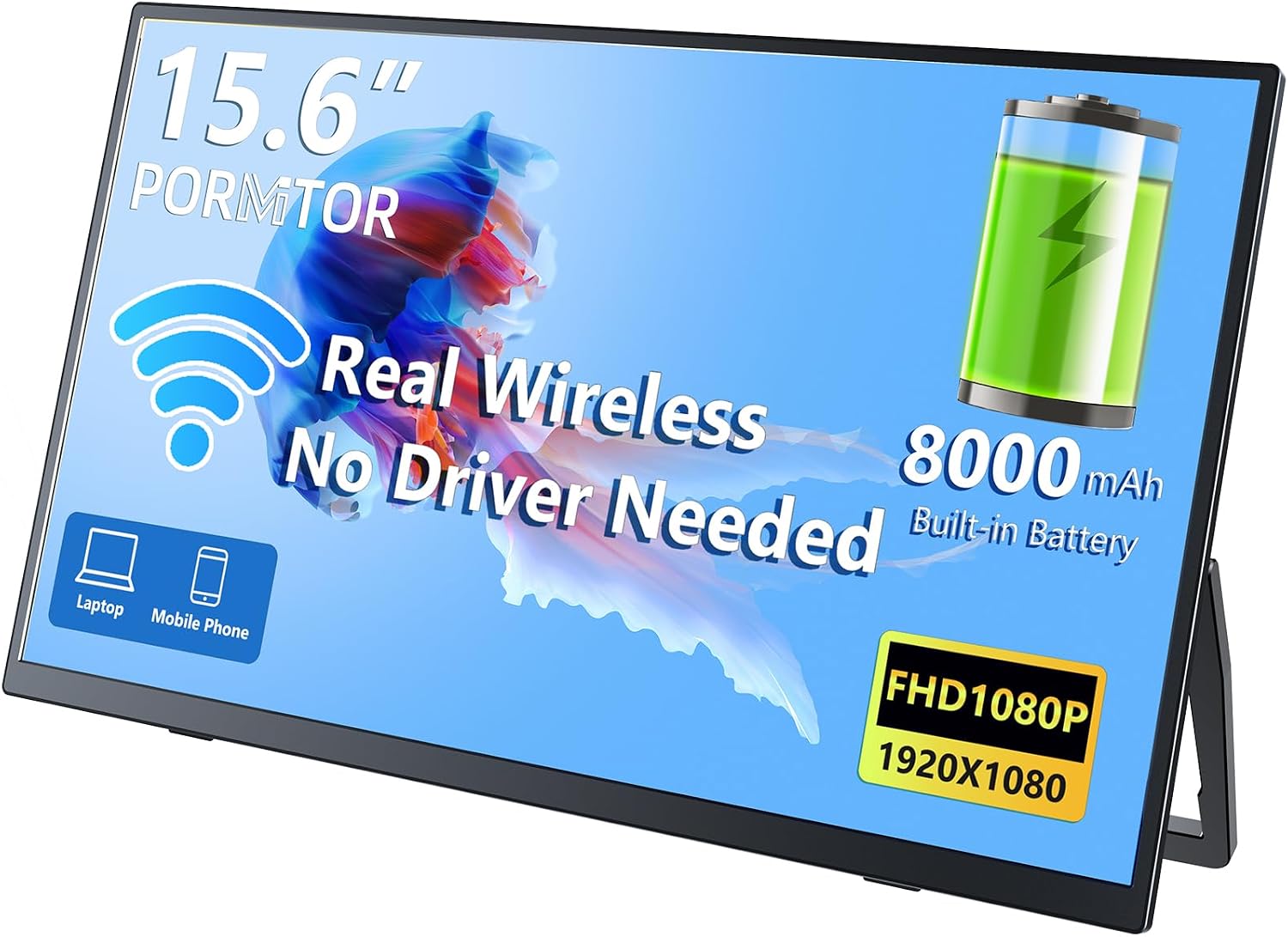 Wireless Portable Monitor with Battery, Wireless Monitor for Laptop-15.6' 1080P FHD Travel Monitor for Laptop, Support AirPlay Miracast for Windows/Mac/Android/iOS