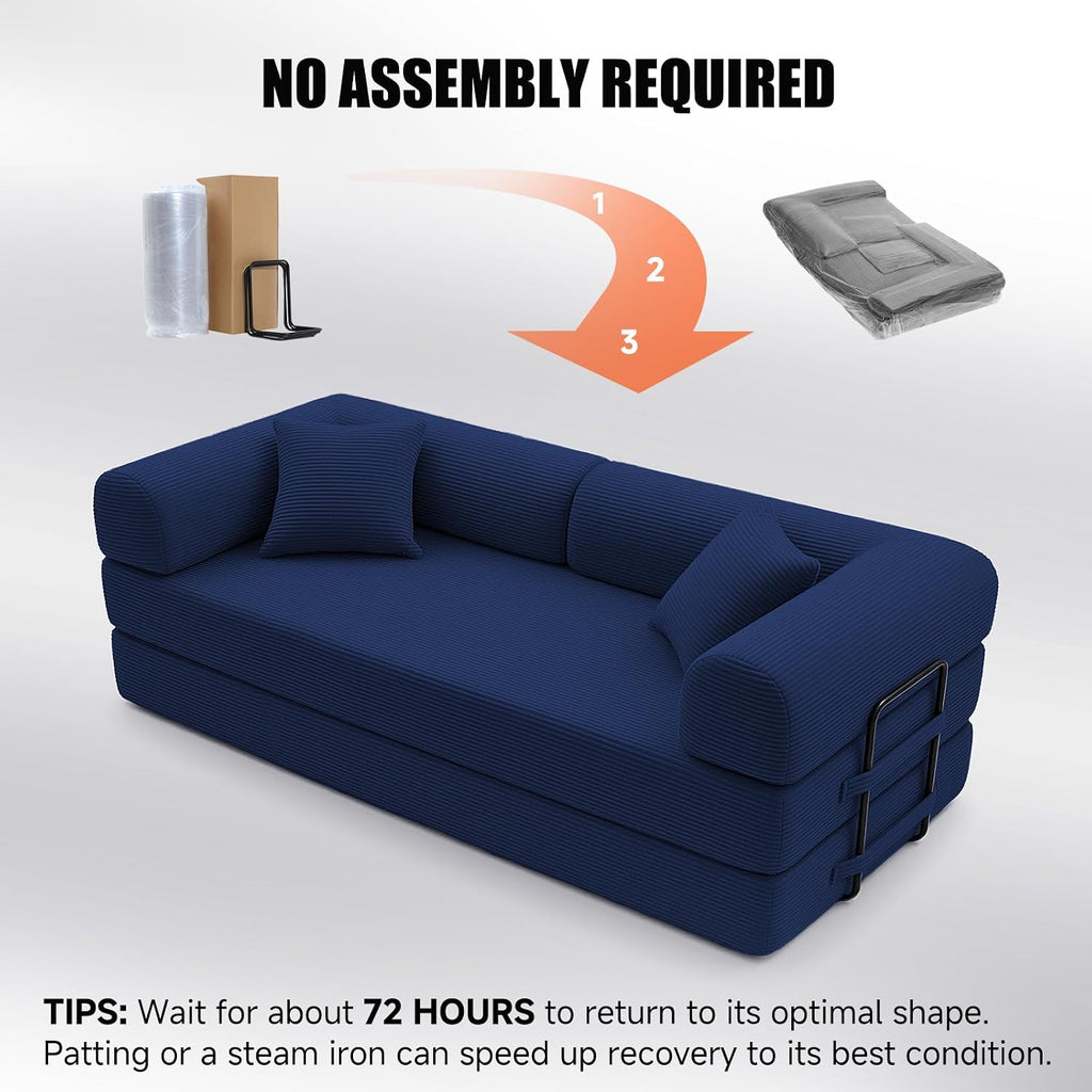 79' Compressed Sofa, Convertible Sofa Bed, Corduroy Compression Boneless Couch with Pillow, Comfy Modular Foldable Floor Sleeper Sofa for Bedroom, Living Room, Lounge, Studio (Dark Blue)