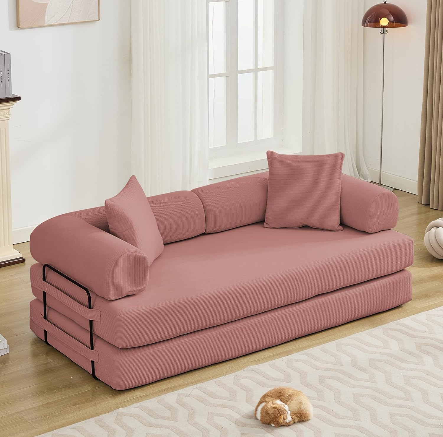 Convertible Folding Sofa Bed, Modular Floor Sofa with Removable Backrest, 3-Seater Fold Out Couch Bed with Pillows, King Size Futon Lazy Couch Corduroy Sleeper for Living Room, Dorm, Dark Pink