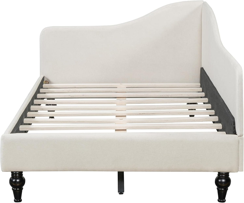 Merax Twin Size Bed Frame Daybed, L-Shaped Linen Corner Sofa with Solid Wood Legs for Living Room & Guest Room, No Box Spring Needed, Beige