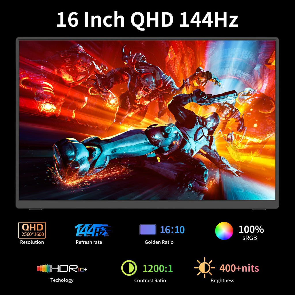 Portable Monitor Gaming 2.5K 120Hz, 16' 2560x1600 QHD 16:10 400 Nits HDR FreeSync Portable Monitor w/Speaker Sleeve Case, External Screen for PC Laptop Game Console