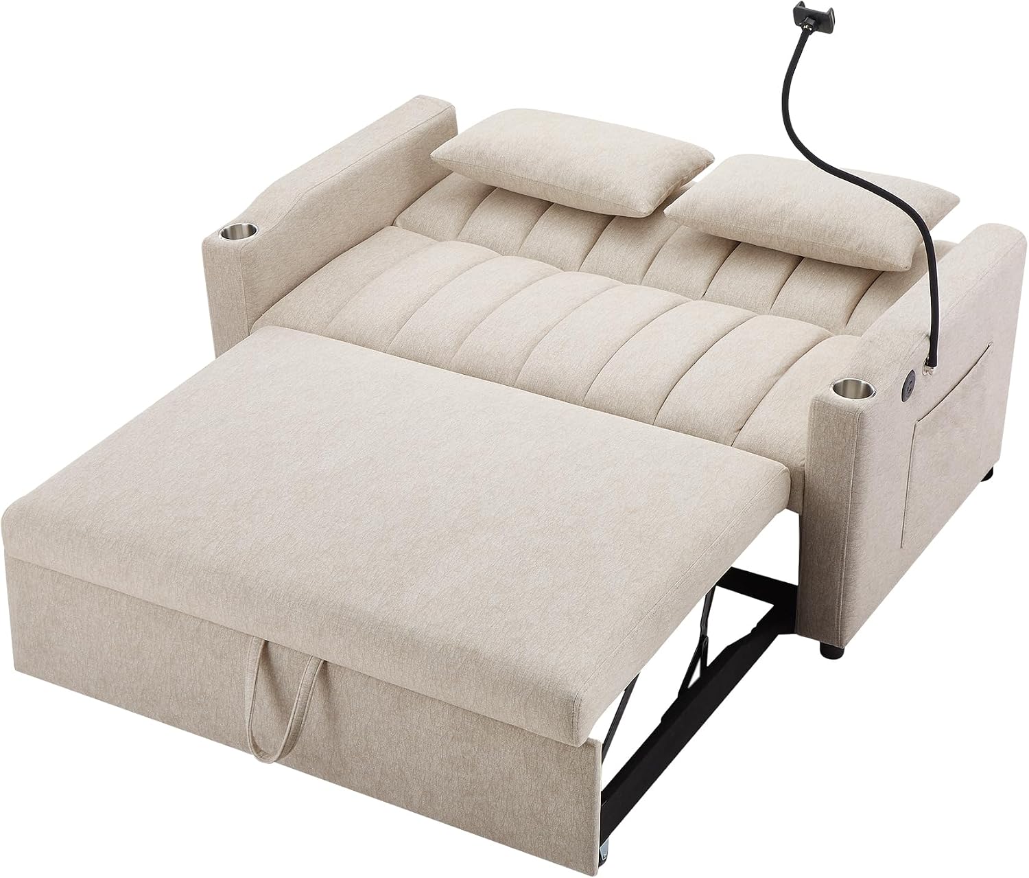 LUMISOL 3-in-1 Convertible Sleeper Sofa Bed, 55.9' Loveseat Pull Out Bed with USB Ports, Cup Holders, Swivel Stand & Storage Pockets, Modern Tufted Sofa Bed with Pillows, Beige