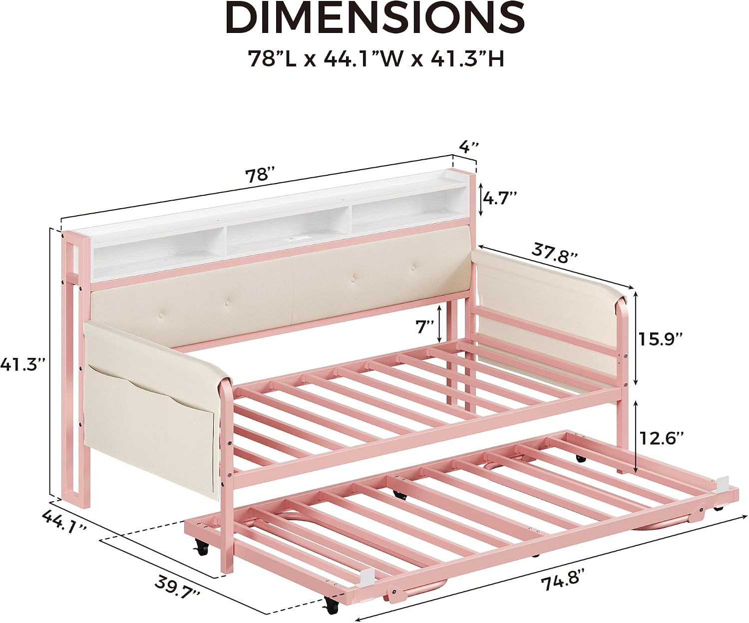 LIKIMIO Daybed with Trundle, Twin Bed Frame with Upholstered Headboard and Charging Station, Sofa Day Bed with Strong Supports for Living Room, Bedroom and Guest Room, Pink