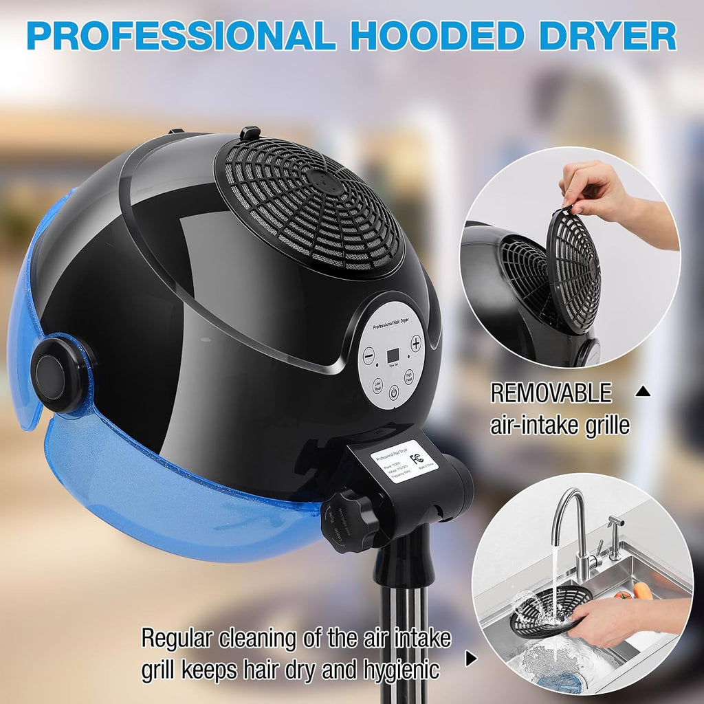 Hooded Hair Dryer, 1500W Standing Hair Dryer with Time Settings, Touch Controls and 3 Temperature Modes, Height Adjustable Ionic Hooded Dryer, Professional Hooded Dryer for Home or Salon Use