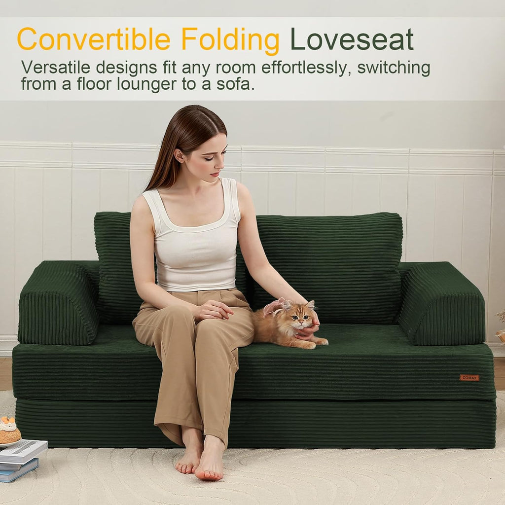COMAX Convertible Sofa Bed, Folding Floor Couch Corduroy Fold Out Couch Bed Futon Sleeper Mattress with Pillows, Boneless Sofa Comfy Lounge Loveseat for Living Room Bedroom, Green