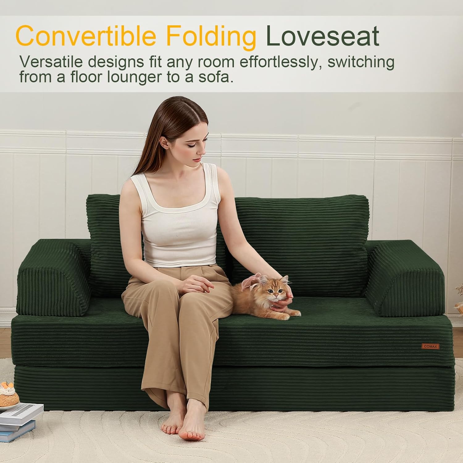 COMAX Convertible Sofa Bed, Folding Floor Couch Corduroy Fold Out Couch Bed Futon Sleeper Mattress with Pillows, Boneless Sofa Comfy Lounge Loveseat for Living Room Bedroom, Green