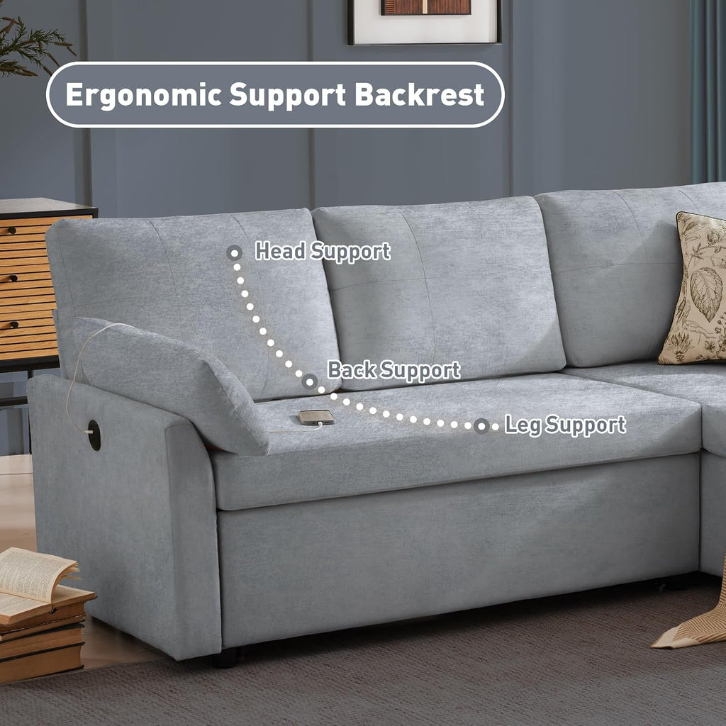 Waxberry 85' L Shaped Sectional Sofa Couch, Pull Out Couch Sleeper Sofa Bed for Living Room, Modular Chenille Deep Seat Sofa, Reversible Chaise, Storage, Side Pockets & Dual USB/Type-C Ports, Gray