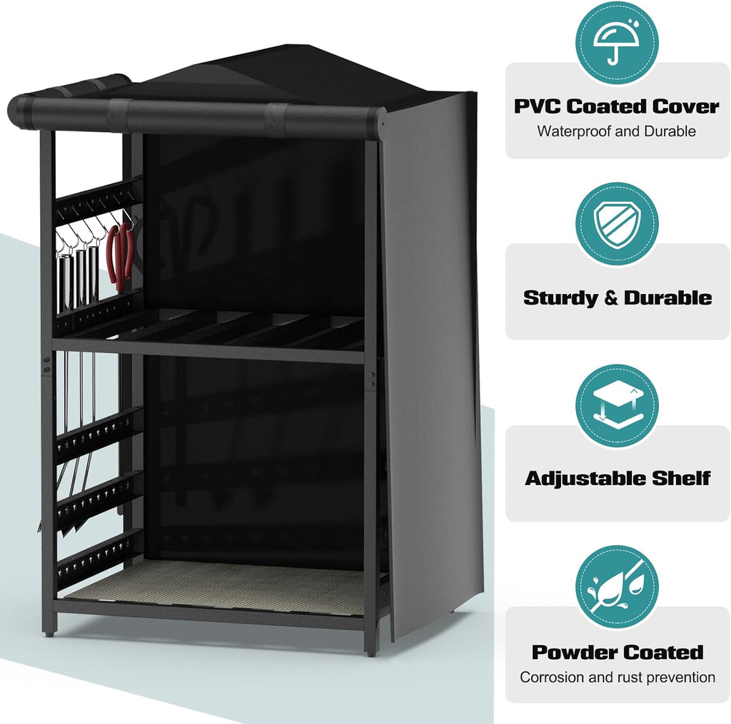 Storage Station for Solo Stove Bonfire 2.0, Yukon, Ranger, Storage for Fire Pit Tools and Accessories, Firewood Rack Outdoor with Waterproof Cover, Iron Black
